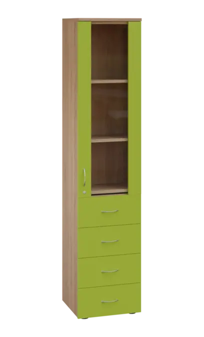 LE - 44 skříň léková prosklená, pravá, korpus dub bardolino, dvířka jarní zeleň